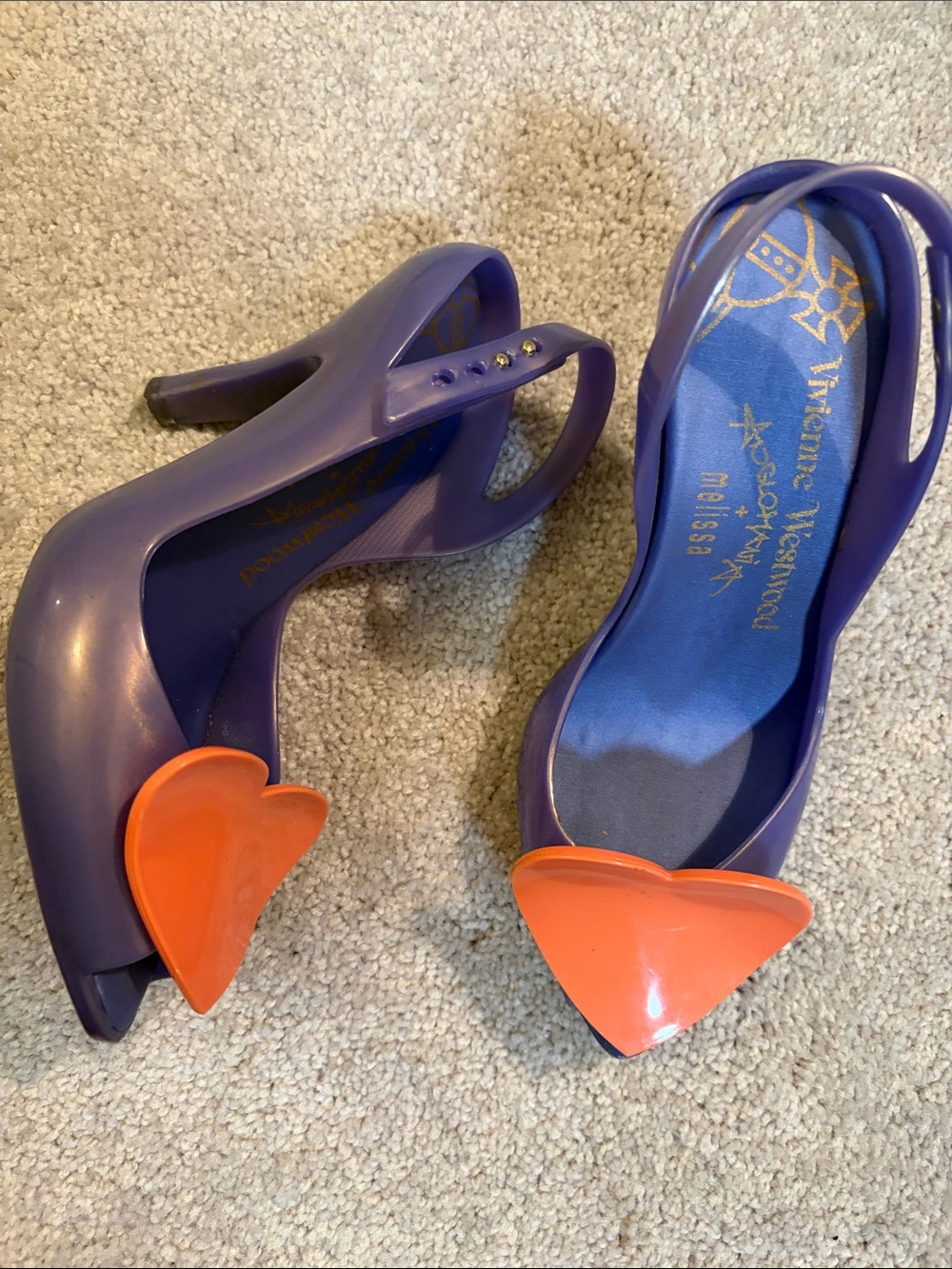 Vivienne Westwood Purple Slingback Heels with Orange Heart Accents